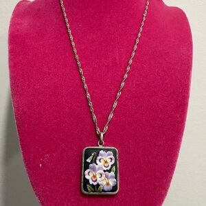 Toshikane Purple Flower Porcelain Pendant Square Japan Vintage Sterling Silver